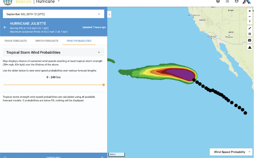 Hurricane Juliette Pacific forecast track and wind swaths