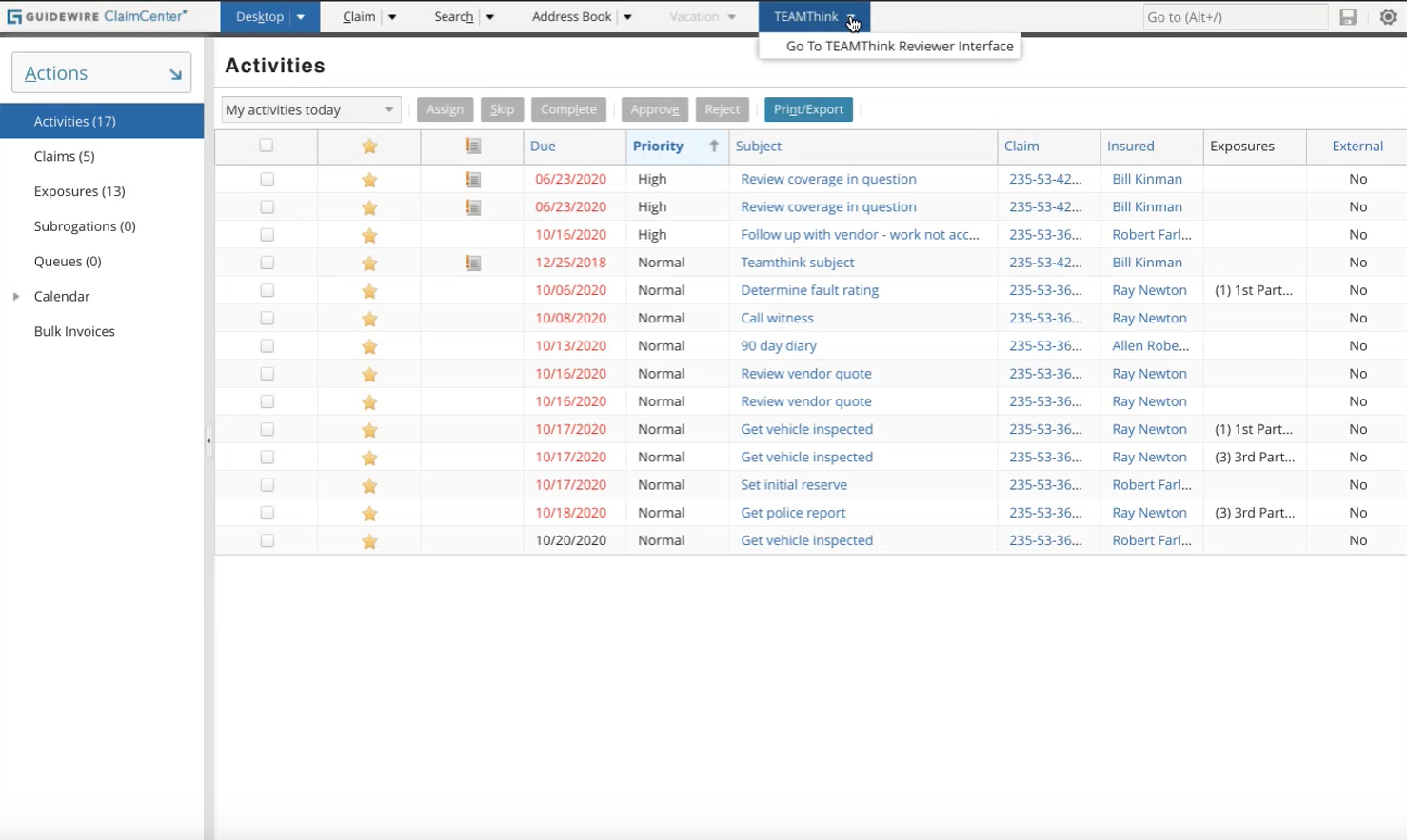 Guidewire ClaimCenter activity list screenshot