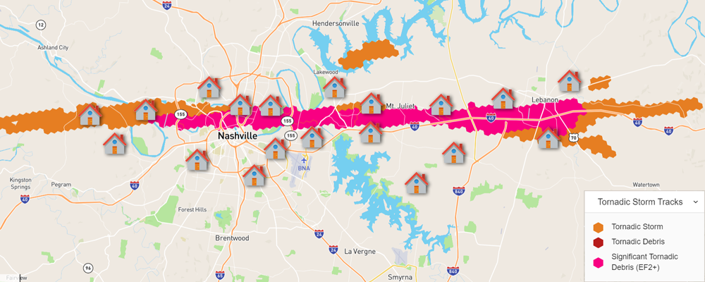 Tornado path damage swath tracking from Athenium Analytics