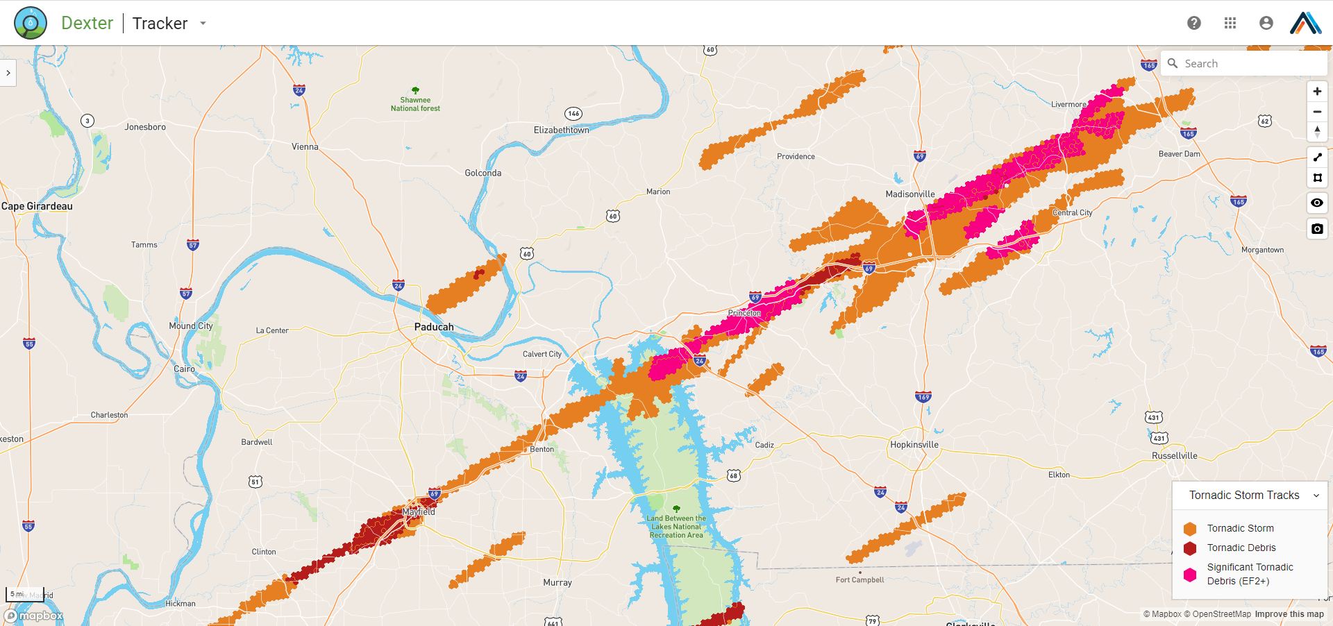 Mayfield Madisonville Kentucky tornado EF2+ damage map